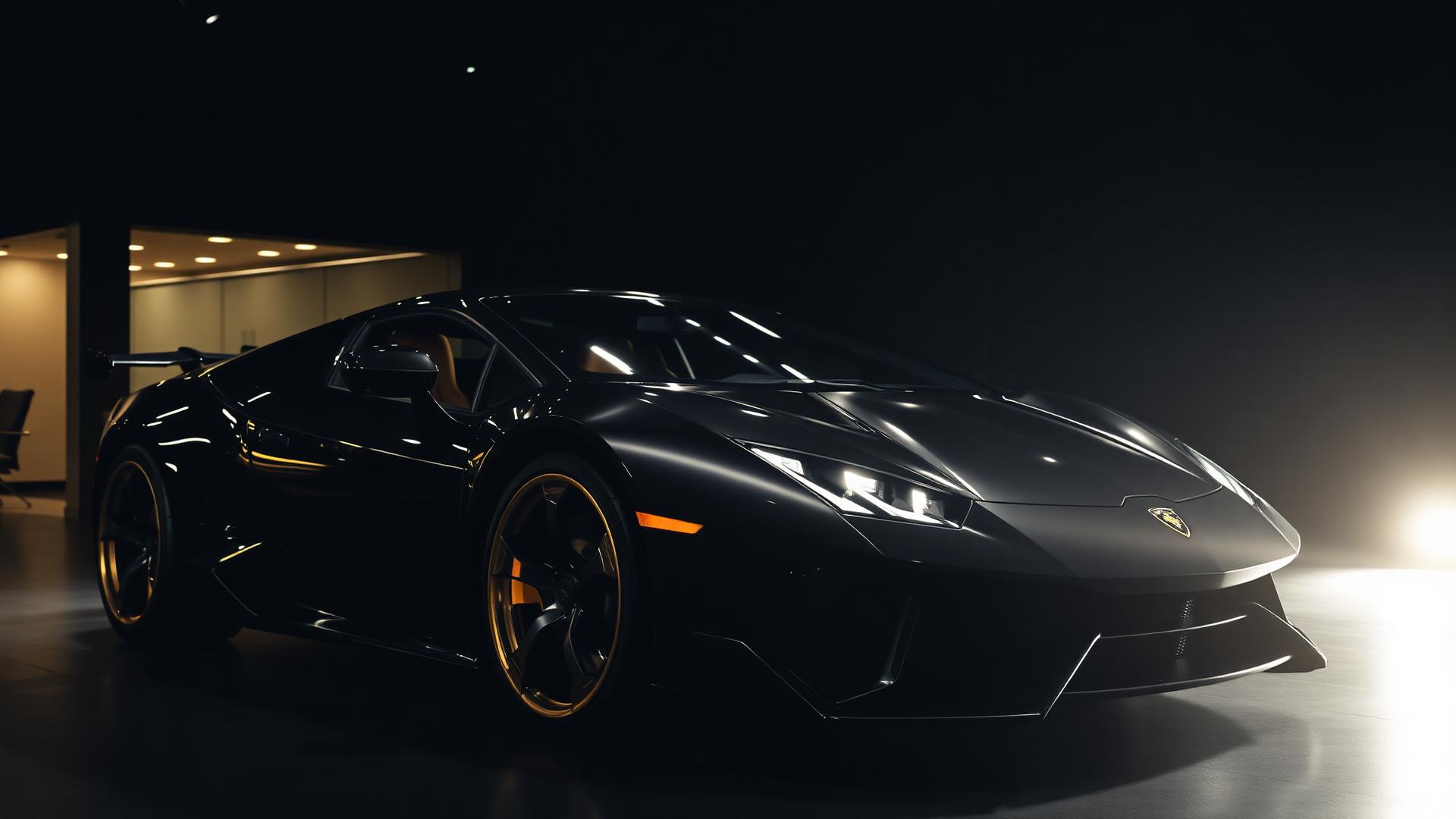 Luxury sports car in a dark showroom with gold accent lighting